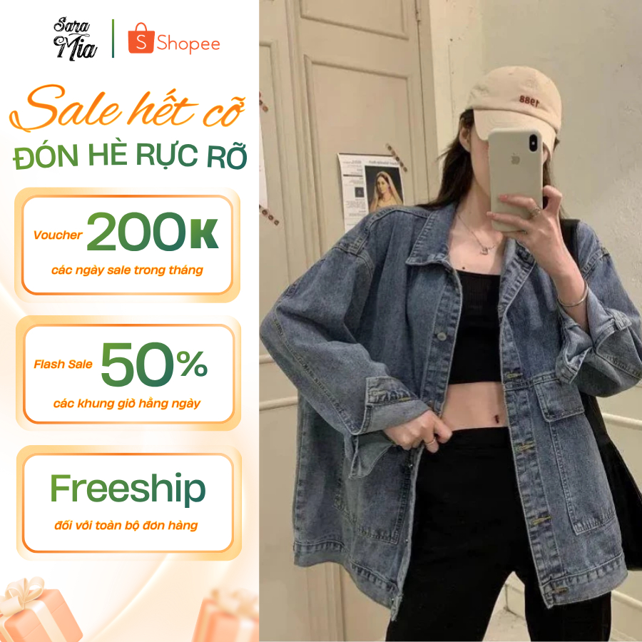 Áo khoác bò SARAMIA form rộng khoác jean nữ dài tay túi hộp trơn màu xanh đen Q1