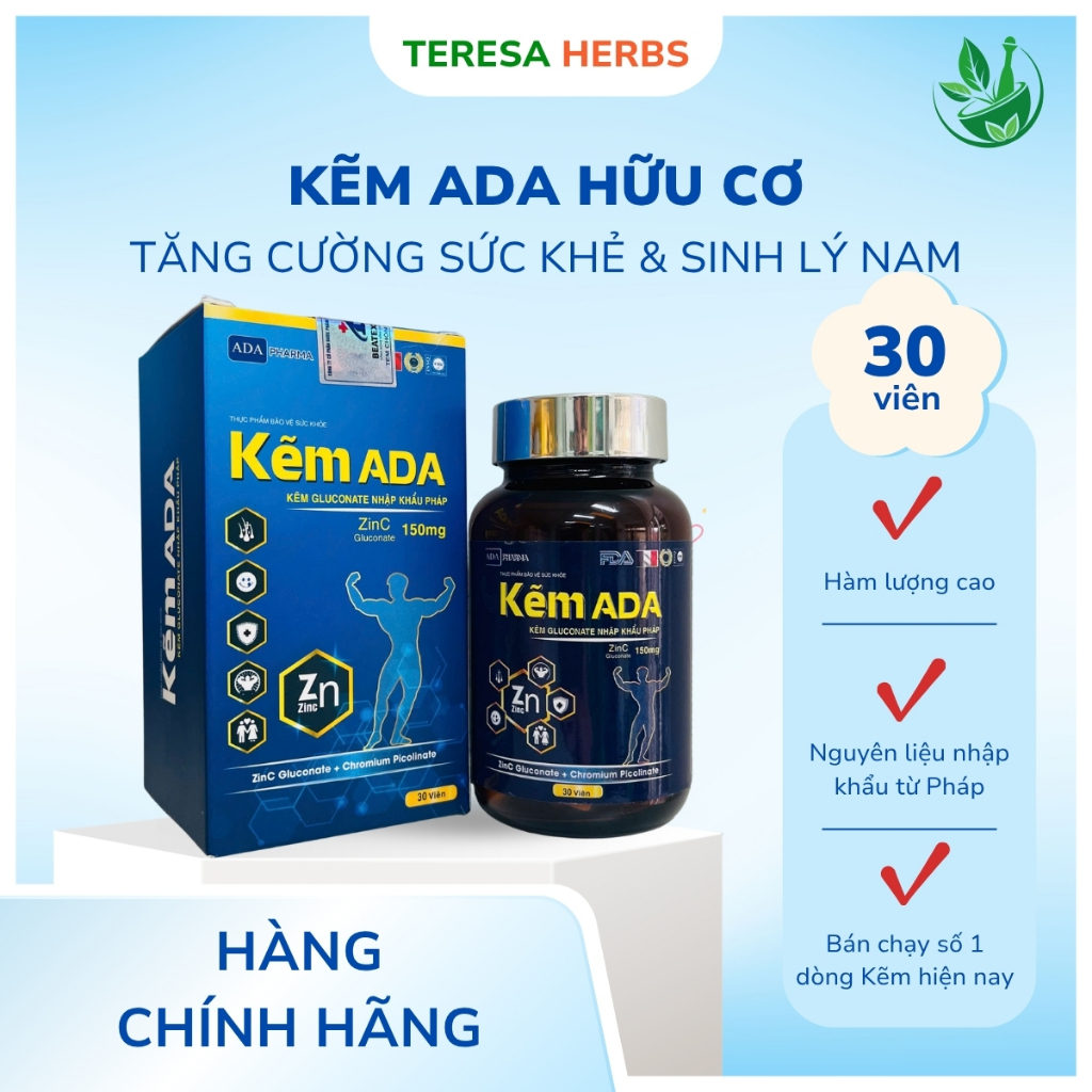 KẼM ADA bổ sung kẽm, tăng sức đề kháng, hỗ trợ sinh lý (Hộp 30 viên)