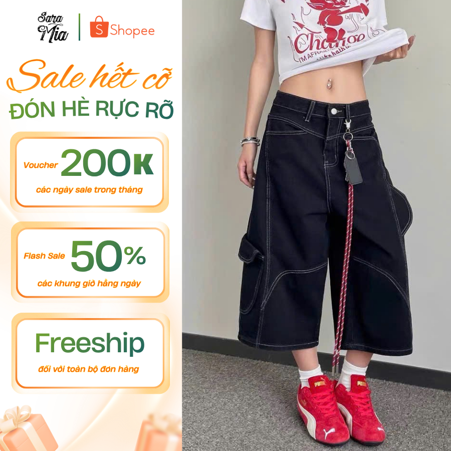 Quần jean nữ dáng lửng ống rộng Saramia quần bò ngố vải denim dài qua gối trend 2026 form retro S11