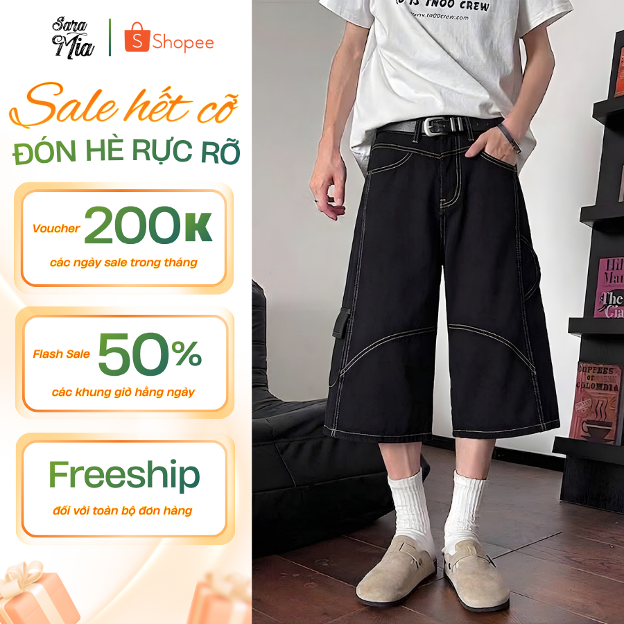 Quần jean nam dáng lửng, quần short lửng ngố chất jean màu đỏ đen ống rộng form baggy hottrend mùa hè