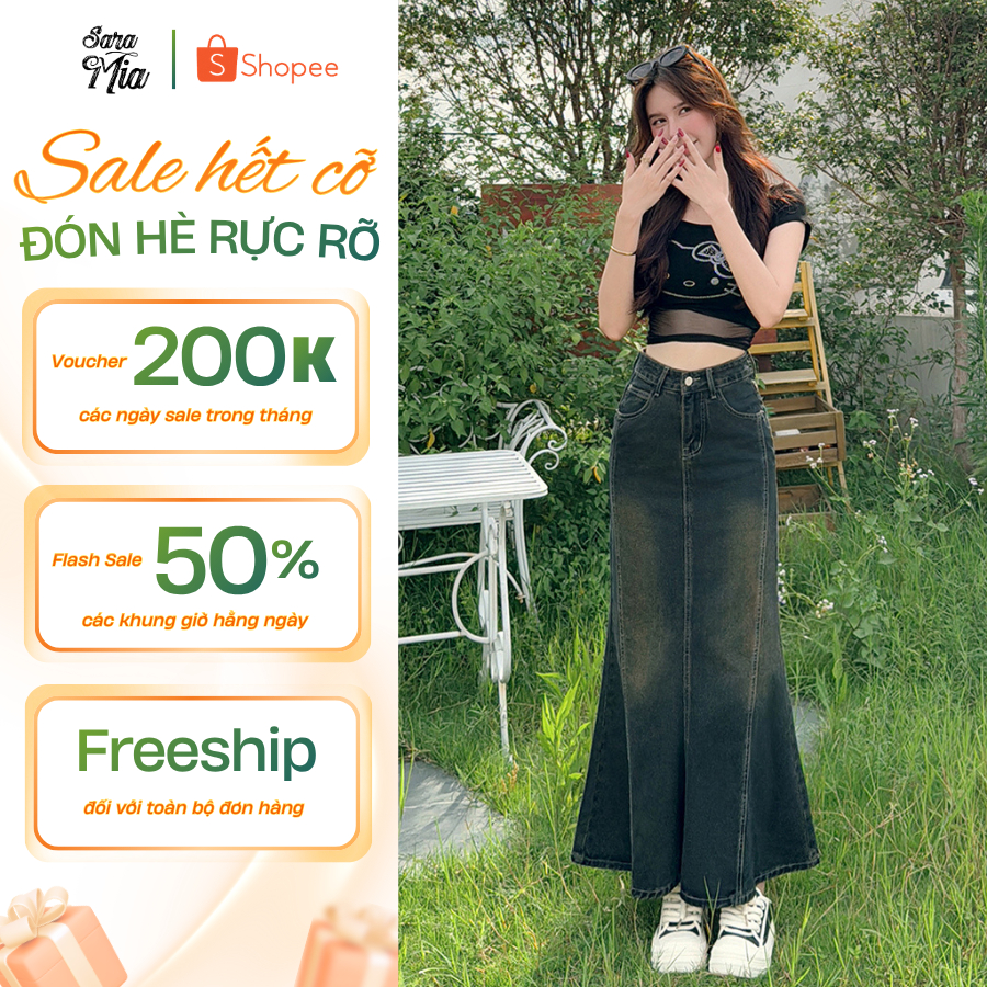 Chân váy đuôi cá SARAMIA váy bò vải jean dài chữ A vải bò denim nữ đen xòe cạp cao che bụng V15 | BigBuy360 - bigbuy360.vn