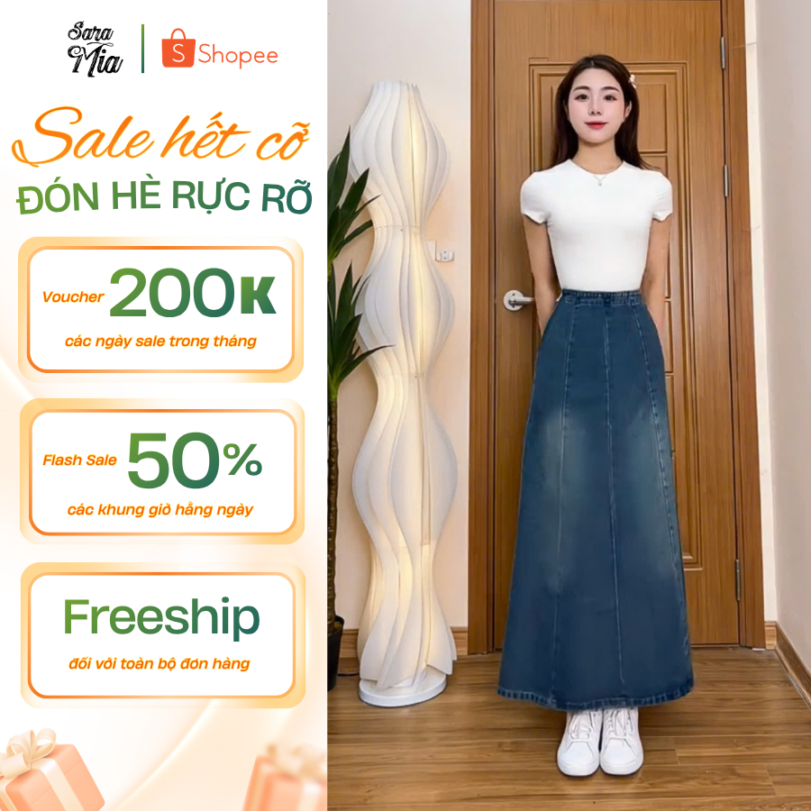 Chân váy jean dài SARAMIA, chân váy dài xòe cạp lưng cao chất không co giãn phong cách Hàn Quốc V16 | BigBuy360 - bigbuy360.vn