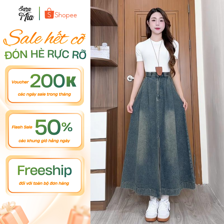[SHOPEE TRỢ GIÁ] Chân váy jeans SARAMIA, chân váy bò nữ xanh đen dáng xòe dài cạp lưng cao chất không co giãn V18