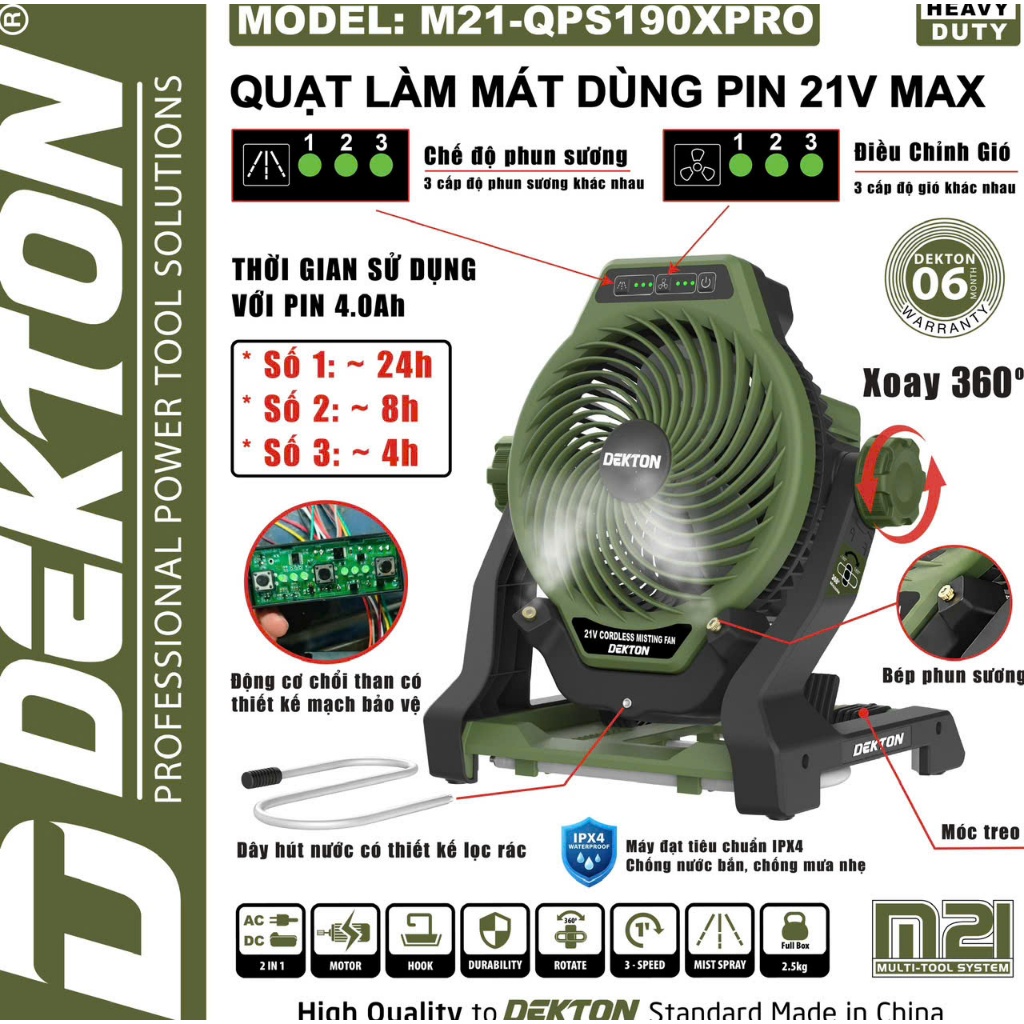 QUẠT DÙNG PIN 21V DEKTON - THIẾT KẾ PHUN SƯƠNG LÀM MÁT  M21-QPS190XPRO  M21-Q190XPRO DEKTON GIÁ TỐT