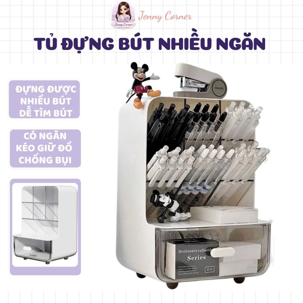 Kệ đựng bút đa năng nhiều ngăn, có ngăn kéo để đồ chống bụi, dung tích chứa đồ lớn- Jenny Corner Sho