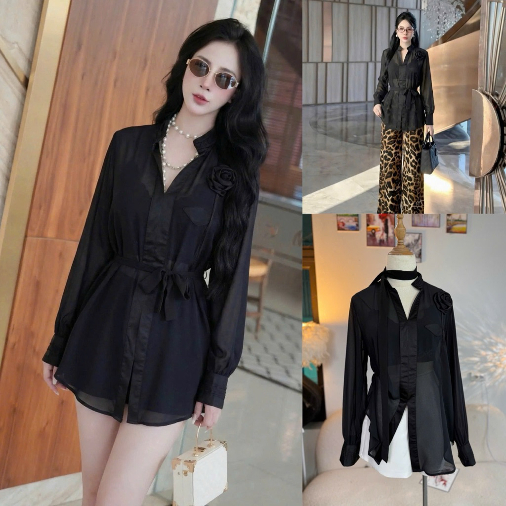 Sunny Shop _ Áo Sơ Mi Nữ Von Lụa Kết Hoa Thủ Công (không kèm áo dây)