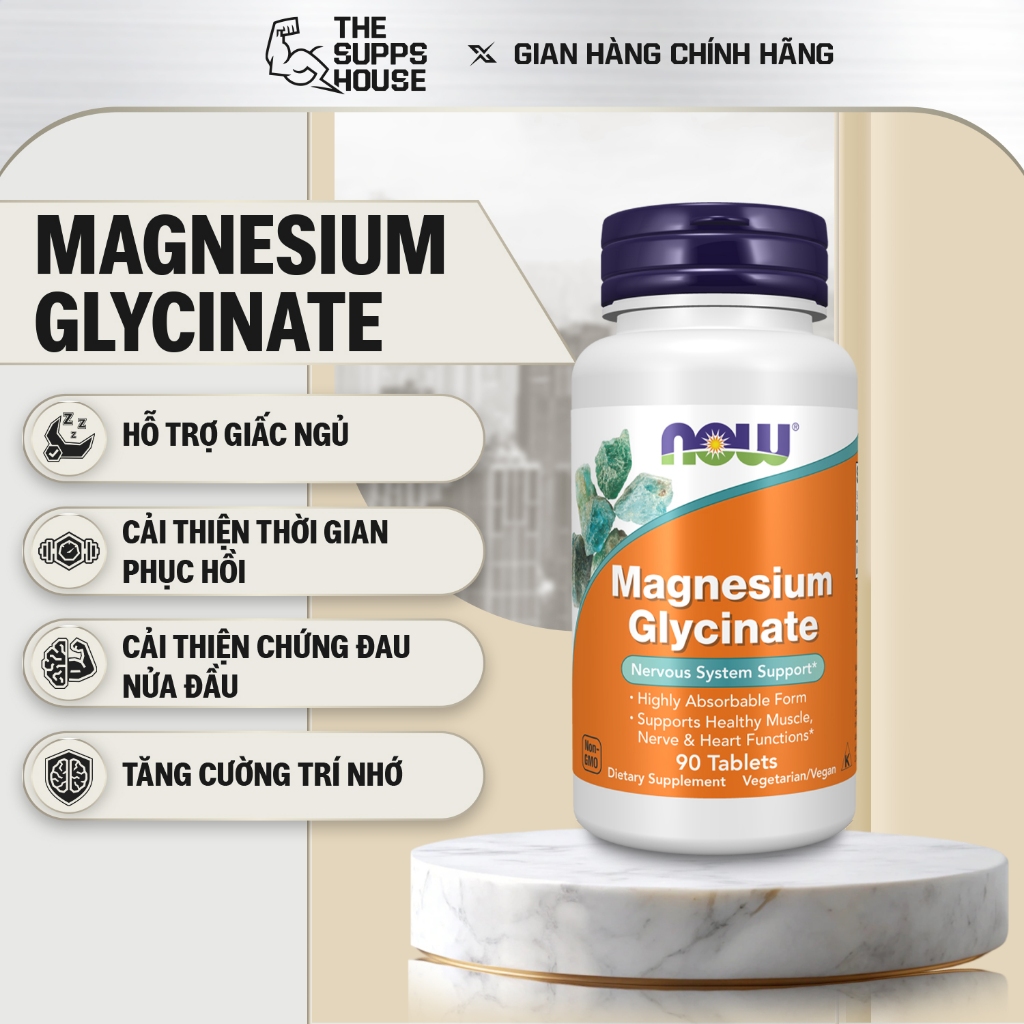Viên magie hữu cơ Magnesium Glycinate Now (Mỹ) giảm stress, mất ngủ, chuột rút, loãng xương