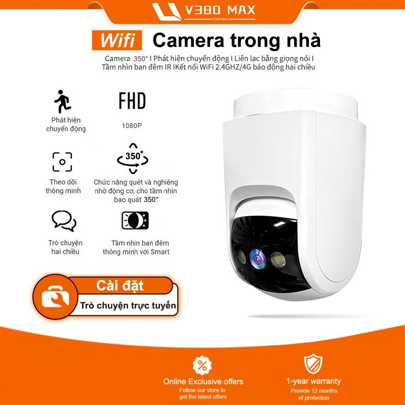 Camera WIFI V380 MAX Q7 Trong nhà, Quay Quét 350 Độ, Đàm Thoại 2 Chiều Tính năng nhìn đêm