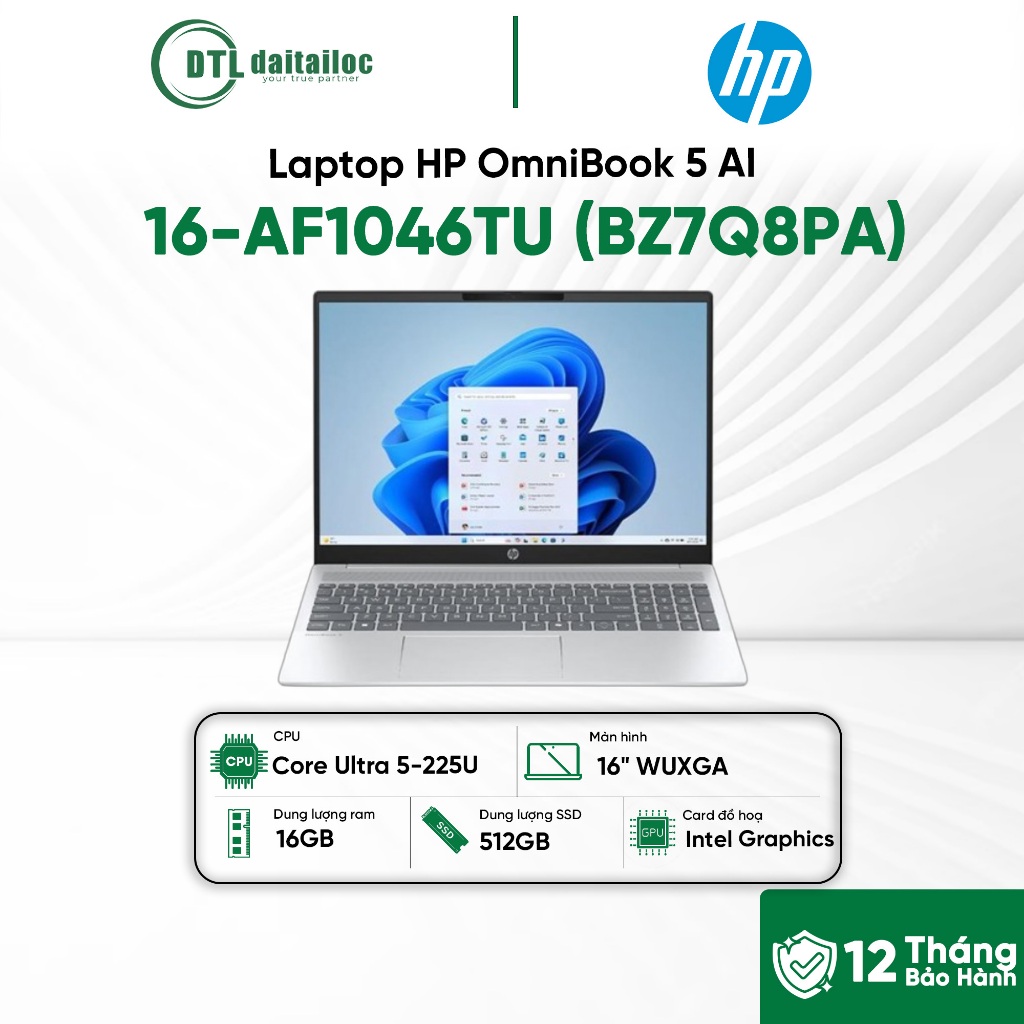 Laptop HP OmniBook 5 AI 16-AF1046TU BZ7Q8PA Core Ultra 5-225U 16GB 512GB SSD 16" WUXGA Win 11 Bạc | 