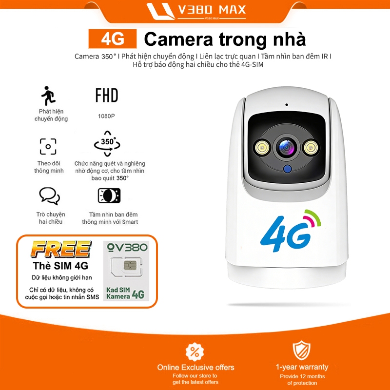 Camera 4G V380 MAX Q7 Trong nhà, Quay Quét 350 Độ, Đàm Thoại 2 Chiều Tính năng nhìn đêm