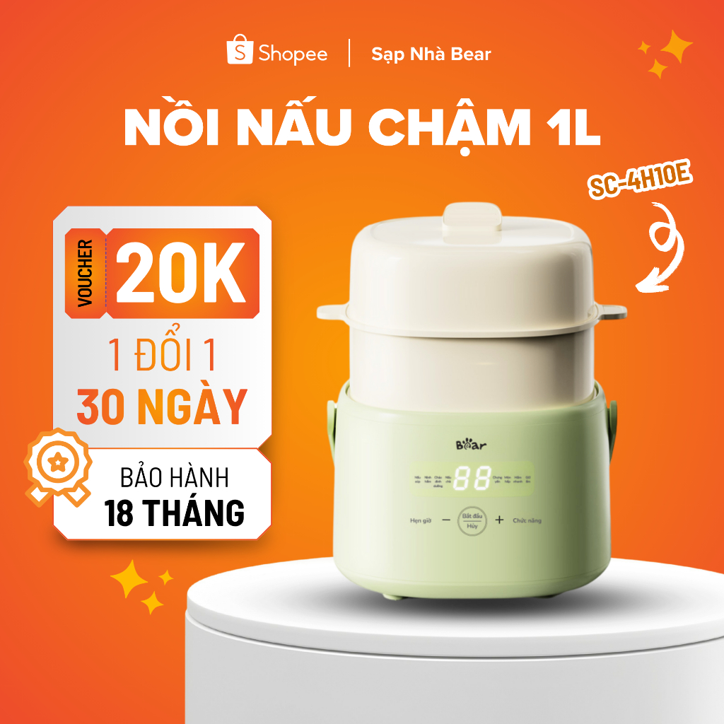 Nồi Nấu Chậm Bear SC-4H10E 1L Bản Tiếng Việt 7 Chế Độ Nấu Bảo Hành 18 Tháng