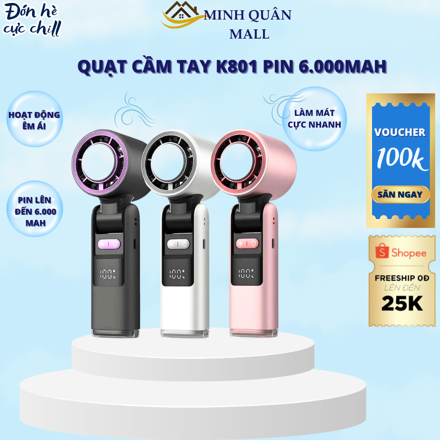 Quạt cầm Tay Mini K801 Pin 6.000mAh,199 Mức Gió, Chức Năng Lạnh, Gió Mạnh, Gấp Gọn Tiện Lợi Tặng Kèm Dây Đeo