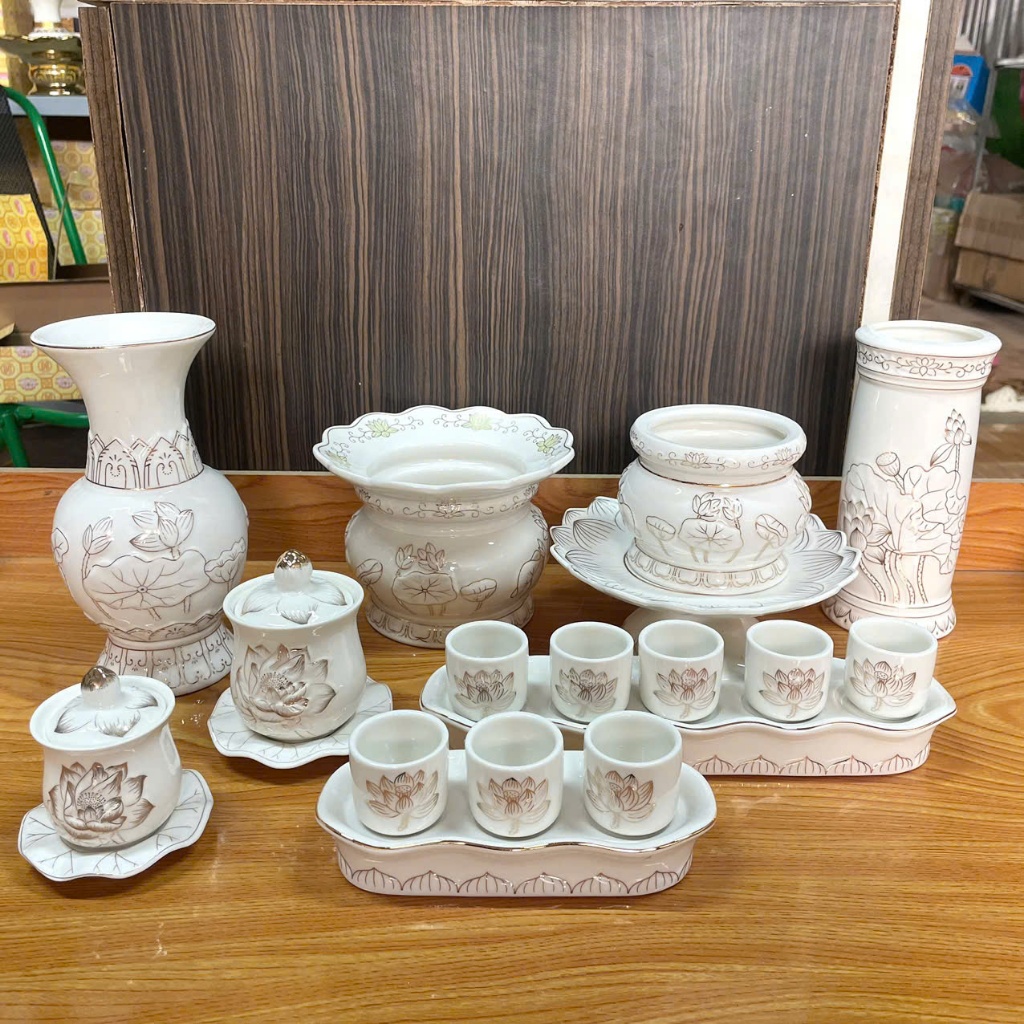 Bộ Thờ Cúng Lư Hương Bát Nhang Bình Hoa Ống Nhang Dĩa Án Chung Hũ Gạo Muối Chung Nước Thờ Cúng