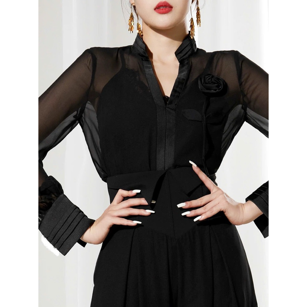 Sunny Shop _Áo Sơ Mi Nữ Von Phối Lụa Kết Hoa Nổi