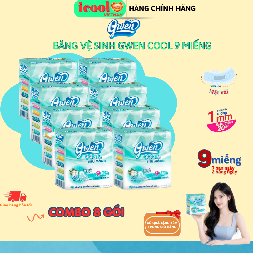 Băng Vệ Sinh Gwen Cool Siêu Mỏng, Bạc Hà The Mát, Có Cánh, Bạc Hà The Mát
