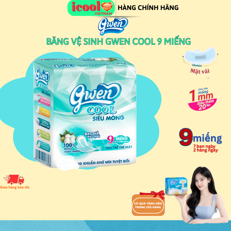 Băng Vệ Sinh Gwen Cool Siêu Mỏng, Bạc Hà The Mát, Có Cánh, Bạc Hà The Mát