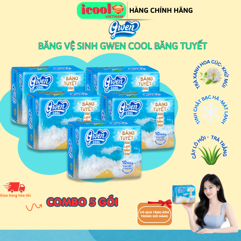 Băng Vệ Sinh Gwen Cool Băng Tuyết 10 miếng, Bạc Hà Mát Lạnh,  Mặt Vải Bông Êm Mềm, Khử mùi