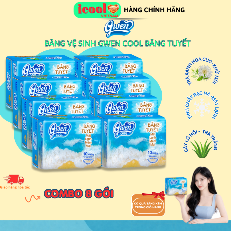 Combo 8 Gói Băng Vệ Sinh Gwen Cool Băng Tuyết Bạc Hà Mát Lạnh, Khử Mùi Hiệu Quả, Gói 10 Miếng