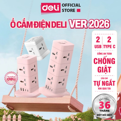 [MẪU MỚI] Ổ Cắm Điện Hình Tháp Đa Năng DELI Tích Hợp Ổ USB Và Type C Thiết Kế Cầu Chì Tự Ngắt Khi Quá Tải