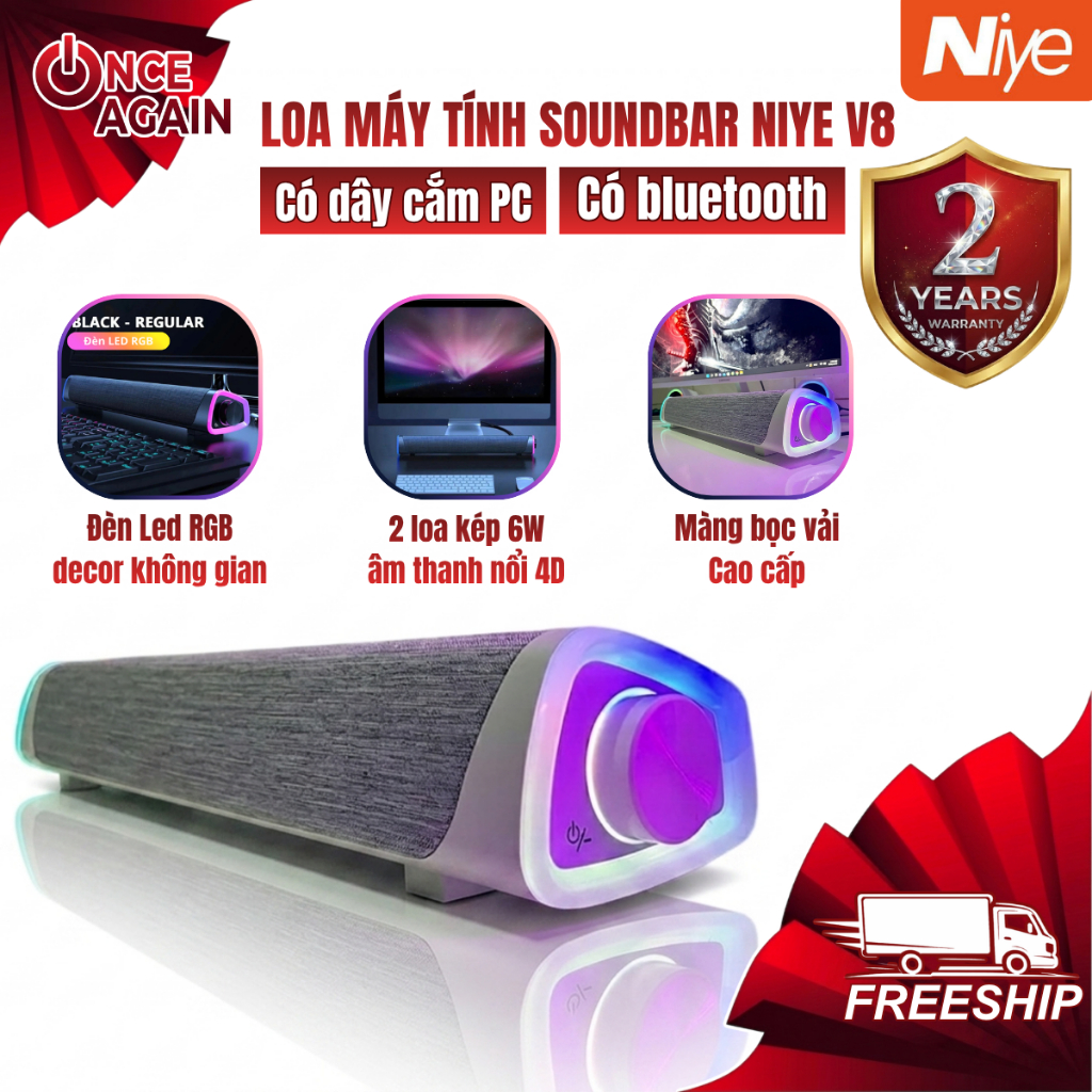 Loa Soundbar Niye V8 Bluetooth - Loa Máy Tính Gaming LED RGB Có Dây Bass Trầm Cho Điện Thoại PC Lapt