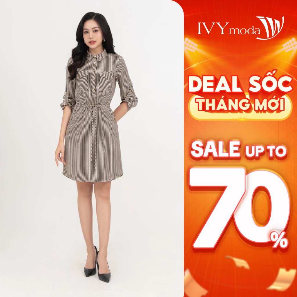 Đầm sơ mi kẻ nữ IVY moda MS 48B9678