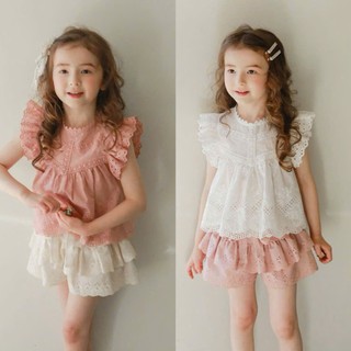 Áo + Chân váy bé gái thô mềm viền ren đục lỗ dáng tiểu thư có kèm quần bảo hộ( 26cv04 ) (26AH53) (26AH55)