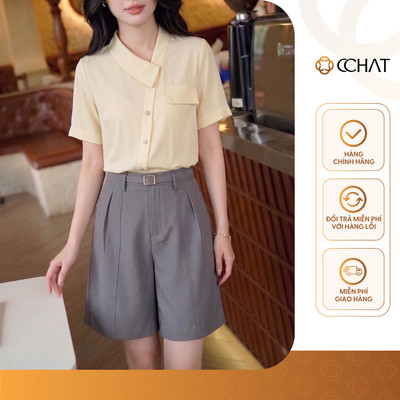 Áo Sơ Mi Nữ 𝐂𝐂𝐇𝐀𝐓 Dáng Suông Nẹp Kiểu Ariana Cổ Vạt Chéo Chất Liệu Mềm Mịn 16FNT9081ST