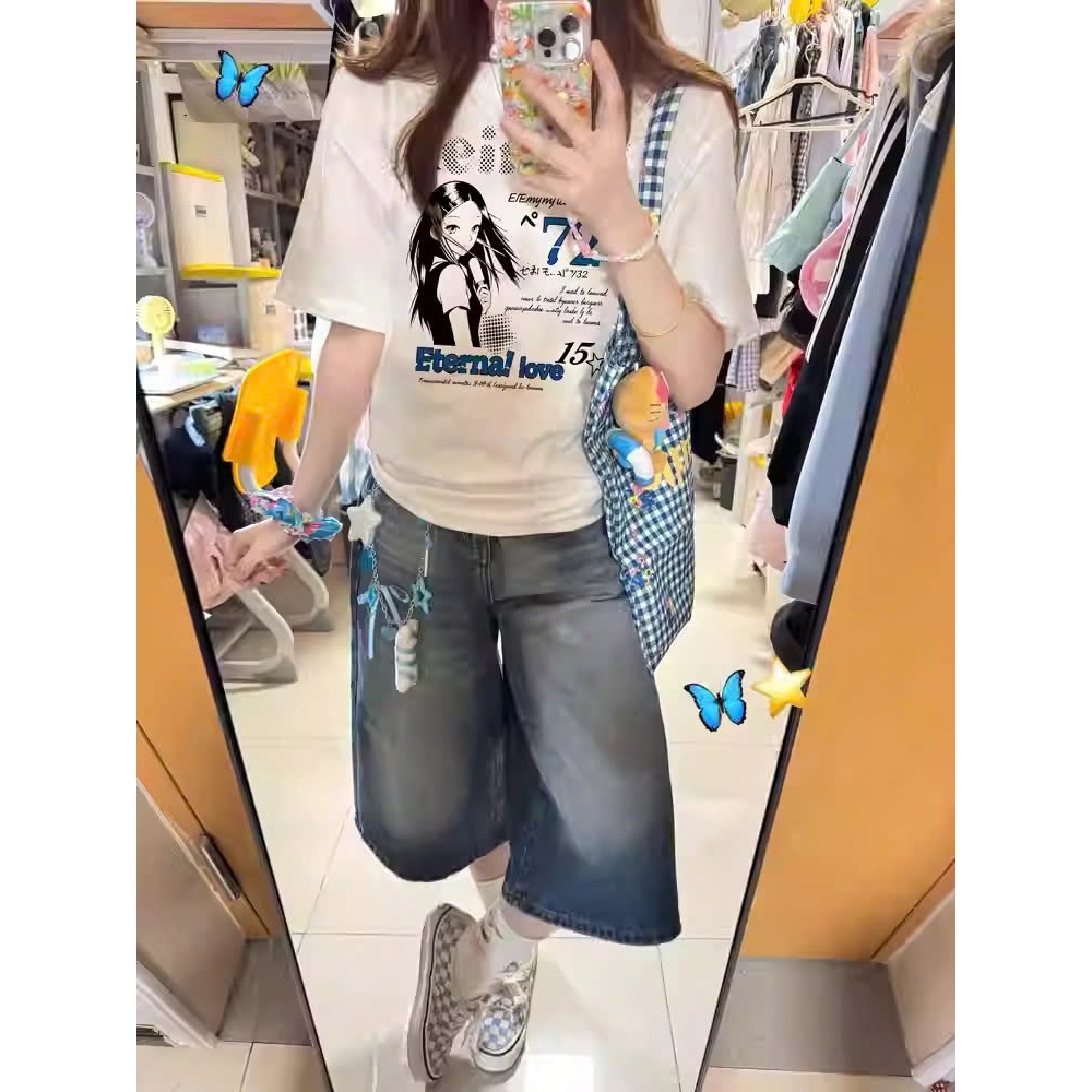 Áo Baby Tee Cổ Tròn Phối Họa Tiết Hình Cô Gái Xì Teen Trẻ Trung Sành Điệu Chất Liệu Cotton Thoáng Mát Mềm Mịn