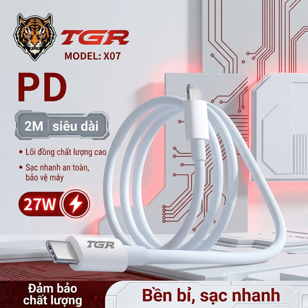 TGR Cáp Sạc Nhanh PD 20W C to L 2M - Dây Sạc Điện Thoại Dài 2M Bền Chắc - BH 12 Tháng