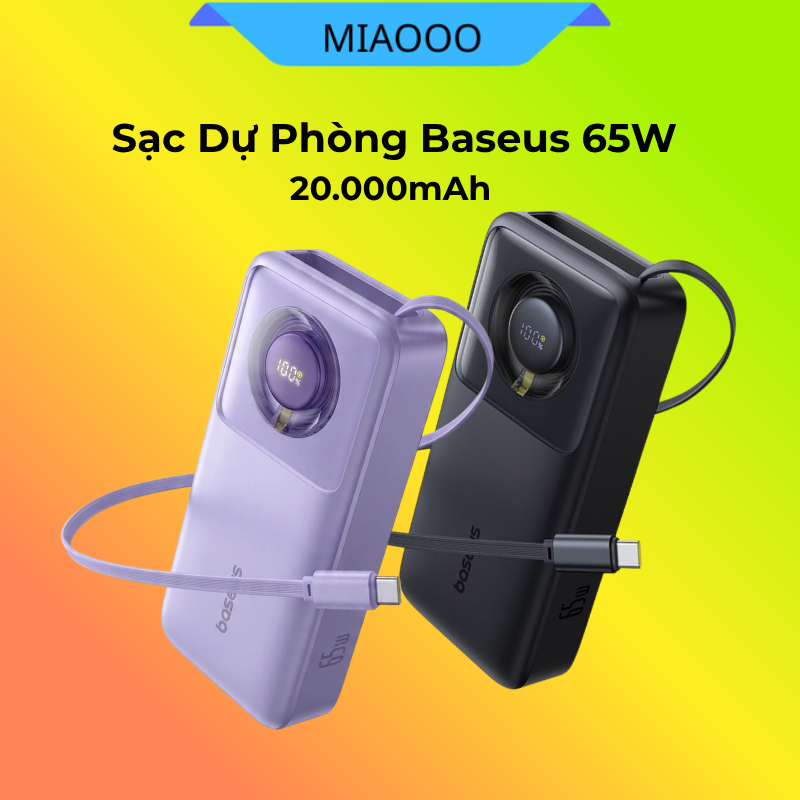 Pin sạc dự phòng Baseus polymer 20000mAh sạc nhanh 65W sẵn dây cáp type C