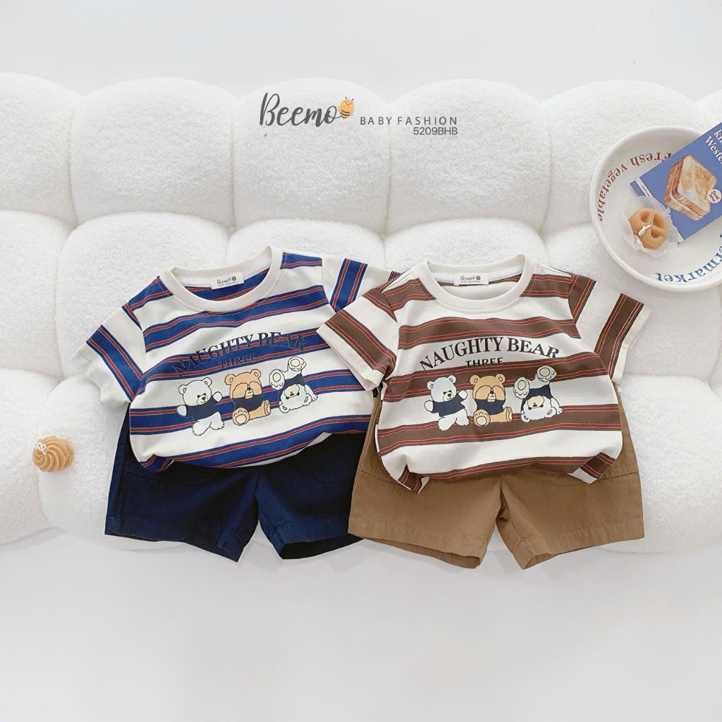 Bộ Quần Áo Bé Trai Beemo Cộc Tay Kẻ Ngang Naughty Bear Phong Cách Hàn Quốc Cho Bé