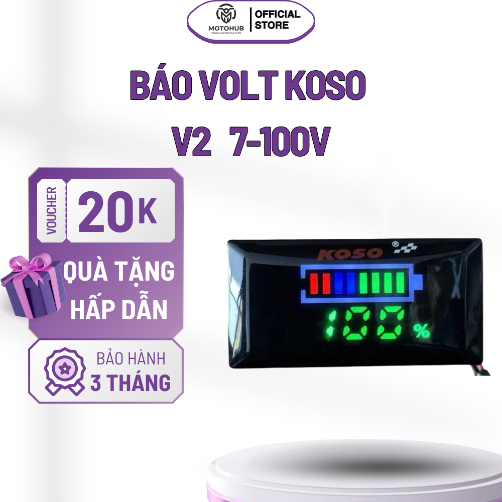 Đồng hồ đo volt Koso V2 7–100V – Kèm pat gắn, hiển thị % điện áp chính xác
