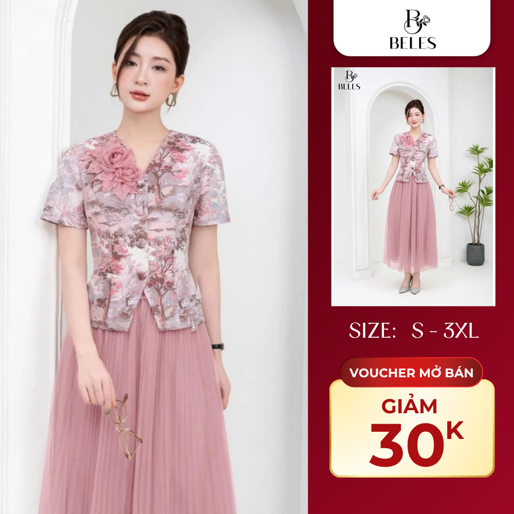 Áo Ký Giả Nữ Cổ Tim Hoa Hồng Đính Hoa Beles Thanh Lịch Tôn Dáng Che Khuyết Điểm AKG05-25027