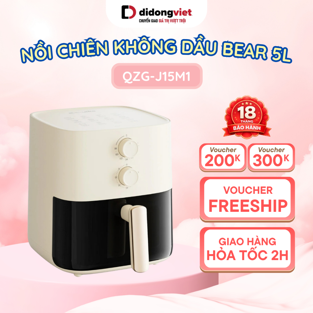 Nồi chiên không dầu 5L BEAR - QZG-J15M1, 1500W, công nghệ chiên hơi nước nano, BH 18 THÁNG
