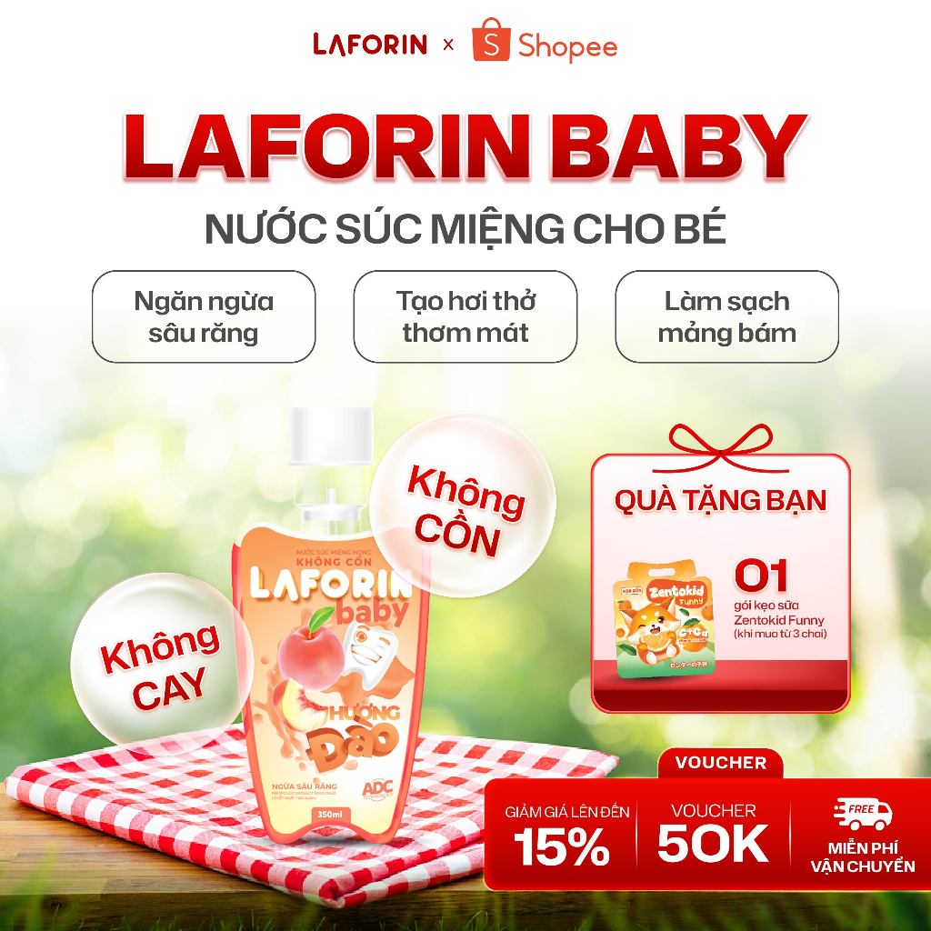 Laforin Baby Hương Đào - Nước Súc Miệng Giảm Sâu Răng, Vệ Sinh Răng Miệng Cho Bé (Chai 350ml)