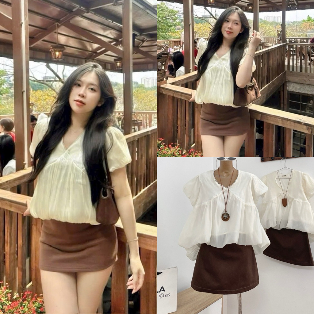 SET ÁO TRỄ VAI BÈO NƠ CỔ + CHÂN VÁY
