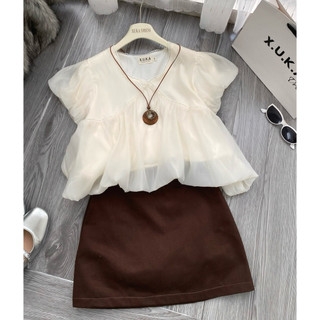 SET ÁO TRỄ VAI BÈO NƠ CỔ + CHÂN VÁY