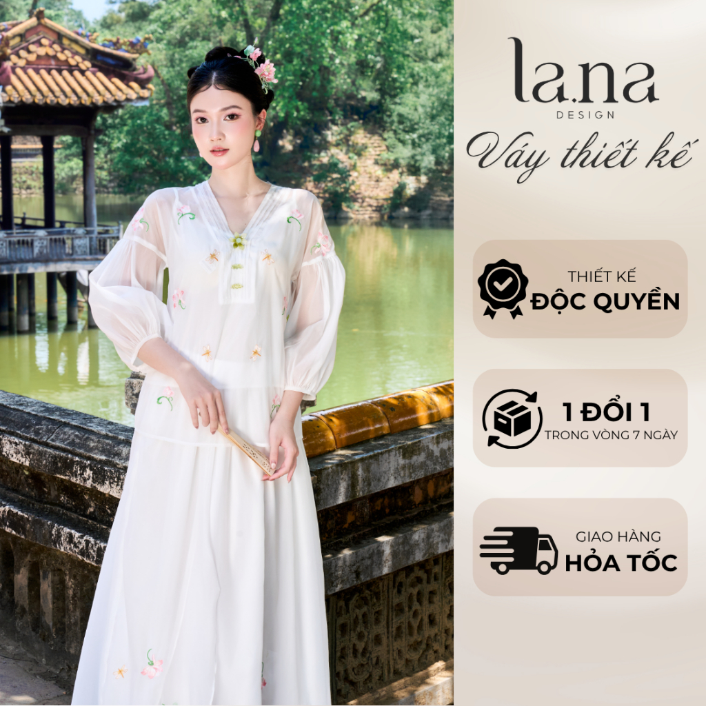 Set Váy Thiết Kế LANA DESIGN Ngọc Liên Màu Trắng Thêu Hoa Sen Tỉ Mỉ Chất Tơ Gương Mềm Mịn – SV614