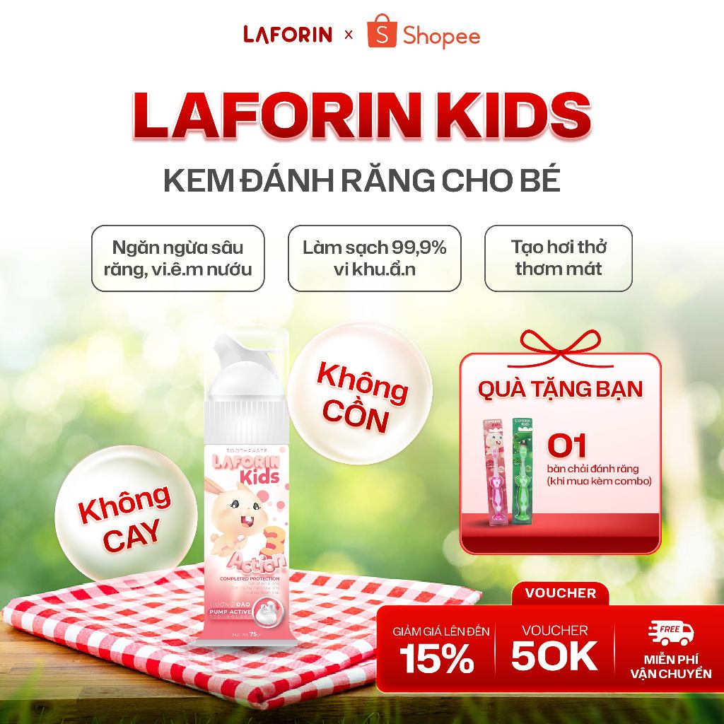 Kem Đánh Răng Laforin Kid Đào - Giảm Sâu Răng, Không Cay, Nuốt An Toàn Cho Bé Từ 2 Tuổi (Tuýp 75g)