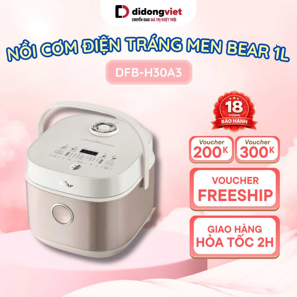 Nồi cơm điện 1L BEAR DFB-H30A3 (RC-4H30S), lòng nồi tráng men sứ, tay cầm tiện lợi, BH 18 THÁNG