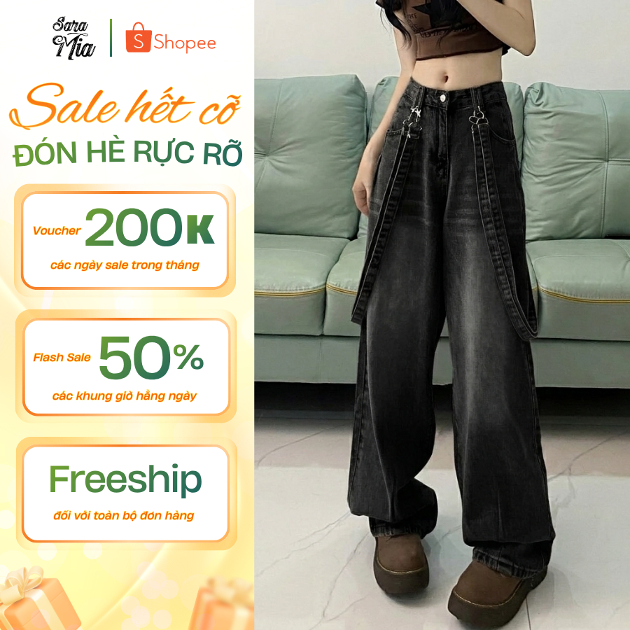 Quần jean nữ dài ống rộng SARAMIA cạp cao vải bò phối dây cá tính màu xanh bụi D18