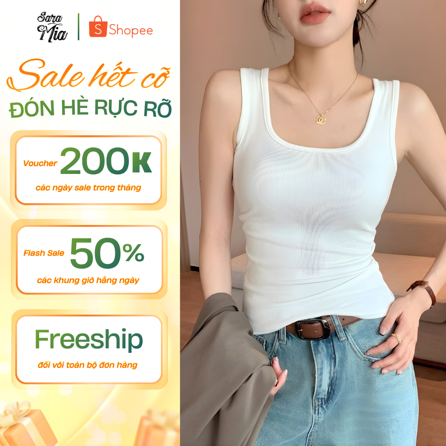 [DEAL HỜI] Áo ba lỗ SARAMIA áo nữ cổ vuông sát nách màu trắng đen thoáng mát tôn dáng co giãn thoải mái Q9