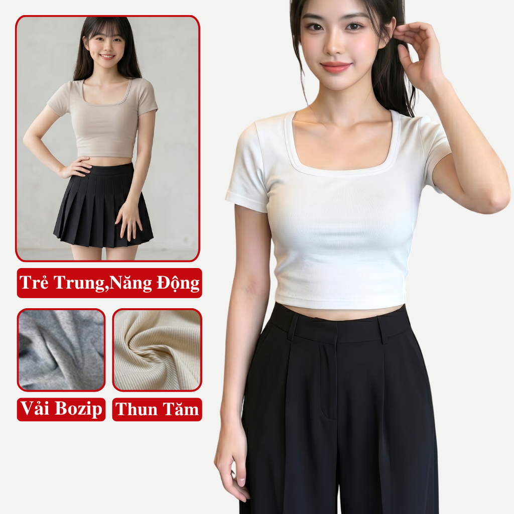 Áo Thun Croptop Nữ Tay Ngắn Cổ Vuông Madela Vải Thun Mềm Mịn Co Giãn. Croptop Nữ Cổ Vuông Tay Ngắn T