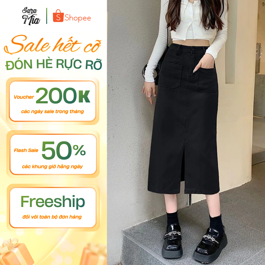 Chân váy bò SARAMIA chữ a váy jean dài xẻ tà trước lưng cao có hai túi màu xanh retro V13
