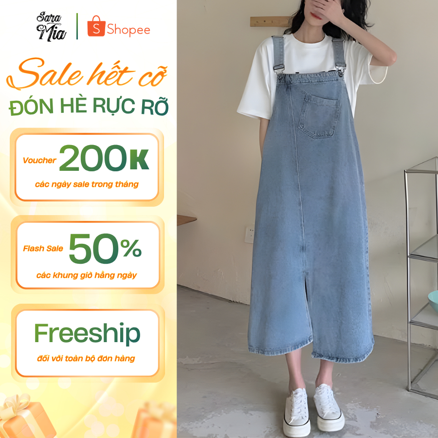 Yếm váy jean SARAMIA nữ dáng dài yếm bò xẻ trước phối túi lớn trước ngực dịu dàng nữ tính y2