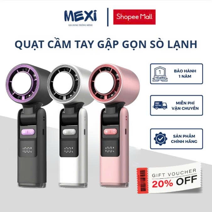 Quạt Cầm Tay Mini Sò Lạnh MEXI Dung Lượng 6000mAh Làm Mát Sò Lạnh 199 Tốc Độ Gió Gấp Gọn 90 Độ Tặng Kèm Dây Đeo