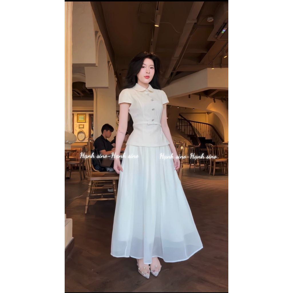 Hạnh sino.97 Set áo ren ép mix chân váy tơ mới 2 lớp