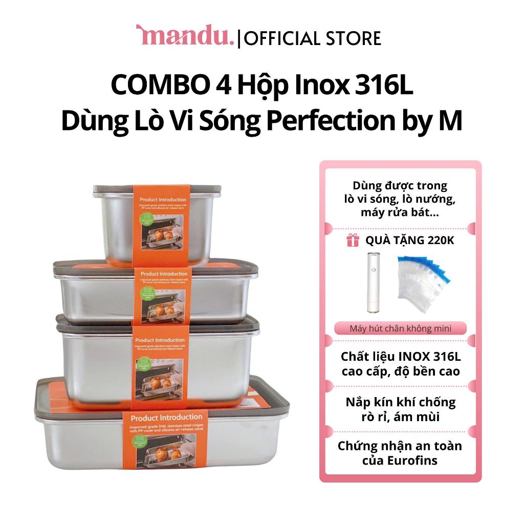 COMBO 4 Hộp đựng thực phẩm Inox 316L Perfection by M, trữ đông, dùng lò vi sóng, nắp chống rò