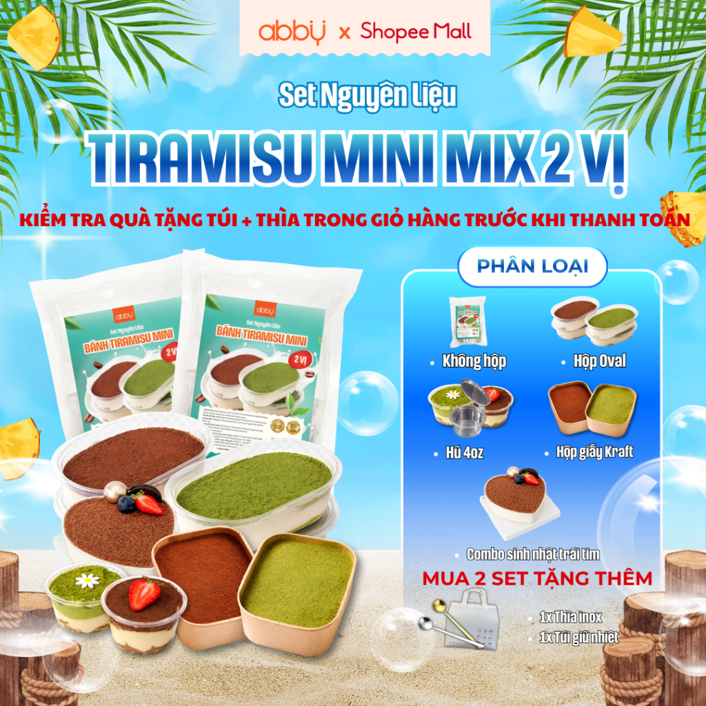 [ABBY] Set nguyên liệu làm bánh tiramisu mini vị cacao/matcha - thành phẩm 2 hộp 900ml - Không cần l