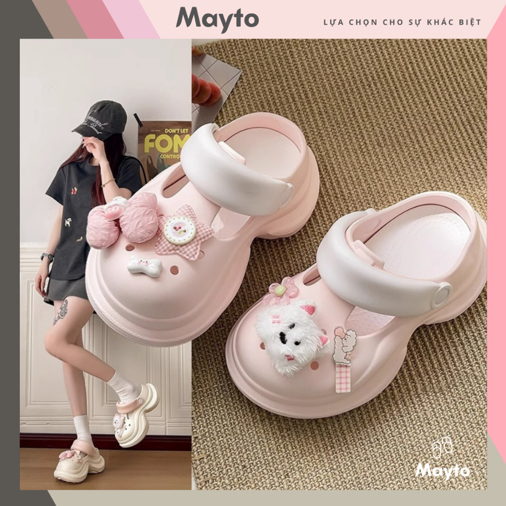 Dép marry jane, dép nữ Mayto đế cao 7cm dáng Holo kèm charm Cún hồng/xanh kiểu sục nữ CS-205